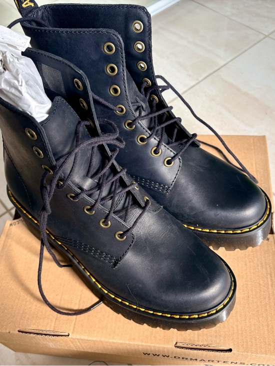 Dr. Martens Shoes - Dr. Martens Shriver HI Black Leather Lace-Up Boots with Yellow Stitching